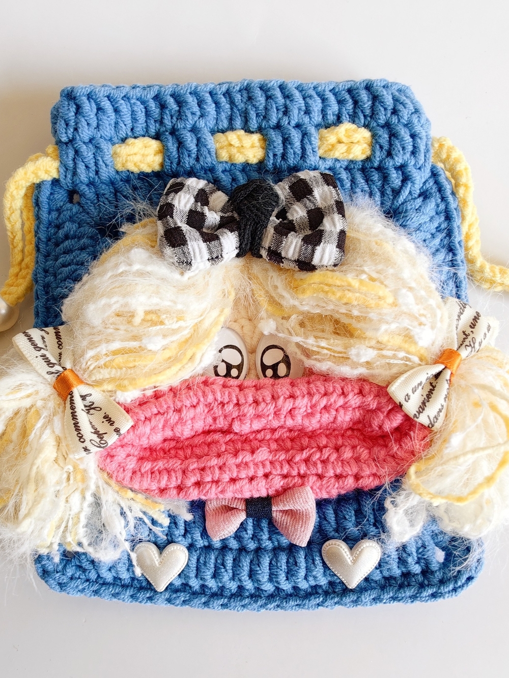 Handmade Crochet Big Lips Girl Mini Drawstring Bag